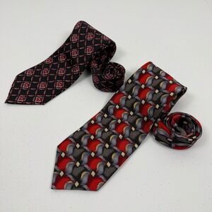 Zianetti Italian Silk Collection Tie Set‎ Mens Red Black Geometric Abstract 2pc
